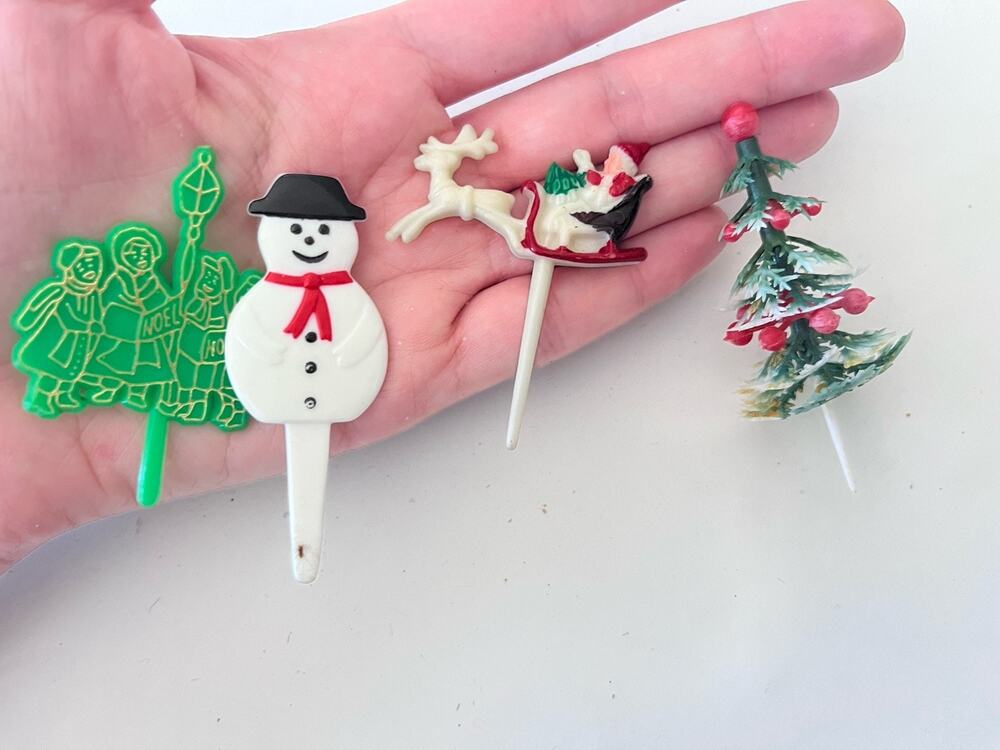 Vtg MCM Christmas Santa Sleigh Snowman RARE 3D Tree Cake Cupcake Topper Lot Of 4